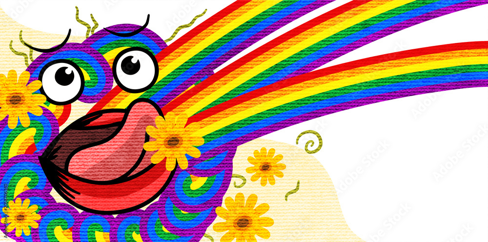 Naklejka premium crazy rainbow monster face spitting colorful spectrum with flowers