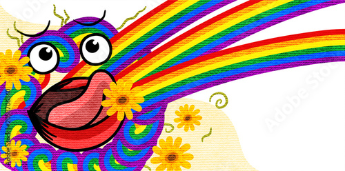 Fotografi crazy rainbow monster face spitting colorful spectrum with flowers