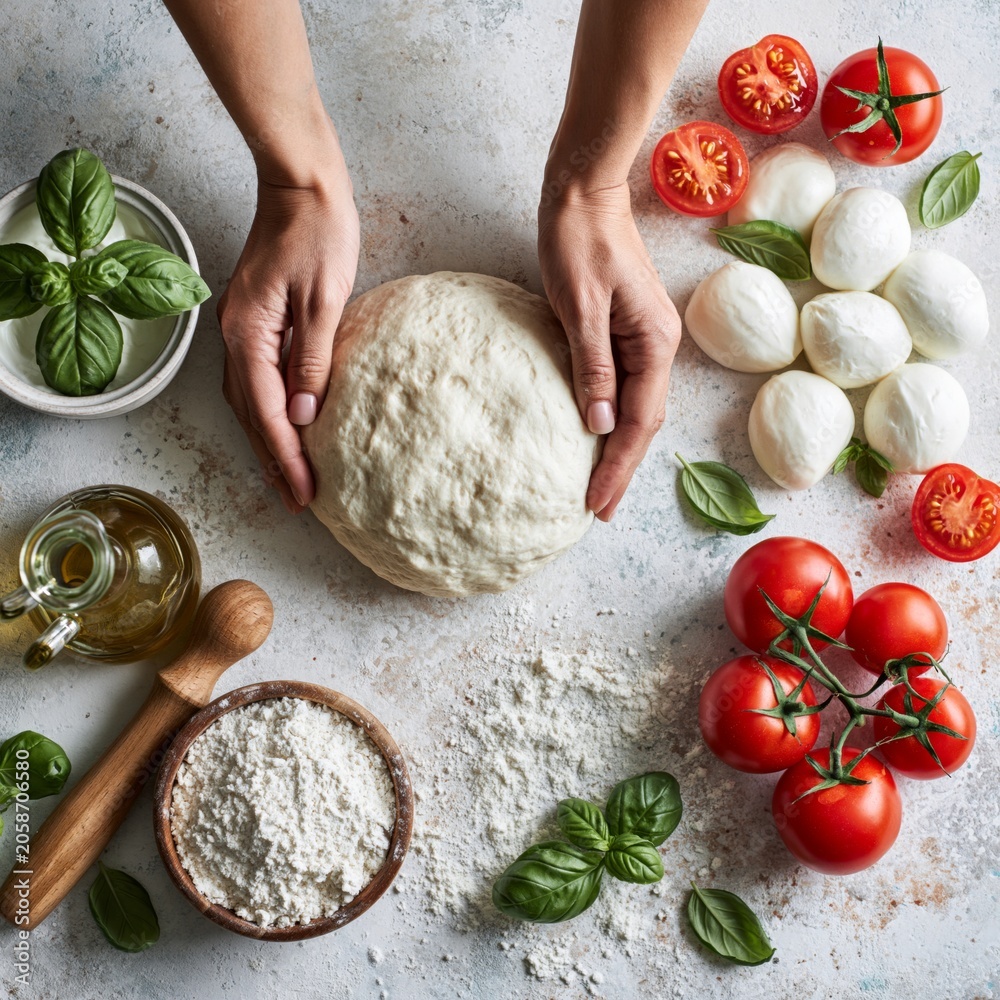 Fototapeta premium Hands arranging pizza ingredients including dough, tomatoes, mozzarella, basil, olive oil and flour on a light kitchen surface, top view flat lay.