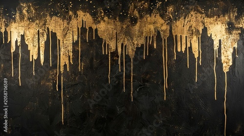 Abstract gold paint dripping design on black surface, luxury art concept.