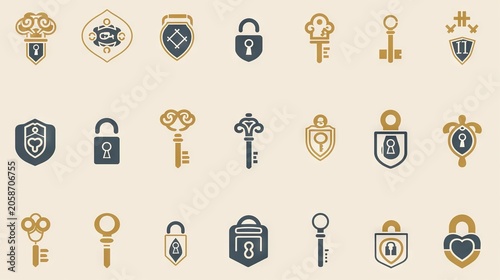 Collection of Decorative Lock and Key Emblems Displayed Against Beige Background