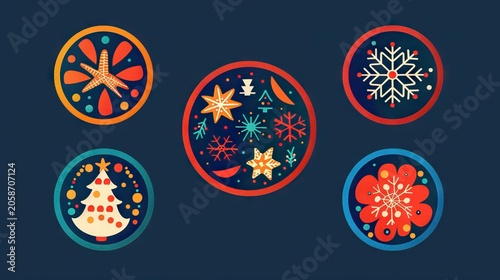 Various Christmas and Winter-Themed Ornaments Set Against a Dark Blue Background
