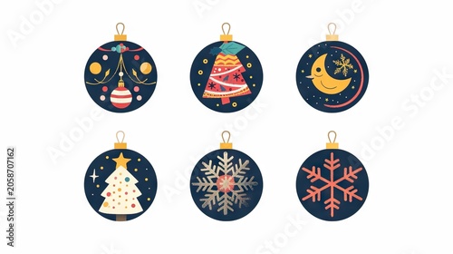 Six different Christmas ornaments with various festive designs and patterns isolated.