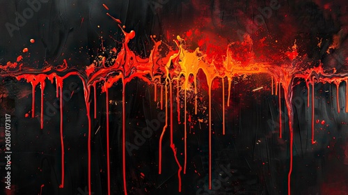 Abstract artwork of red and orange paint dripping down a black canvas.
