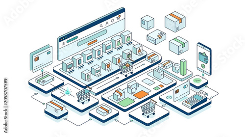 E-commerce isometric illustration with shopping carts and credit cards during online shopping