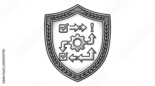 Security Shield with Workflow Process Icons and Gear.