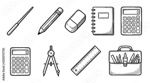 School Supplies and Tools Collection Hand Drawn Sketch.