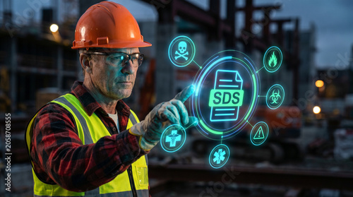 Professional construction site supervisor interacting with a digital safety data sheet interface using futuristic holographic technology