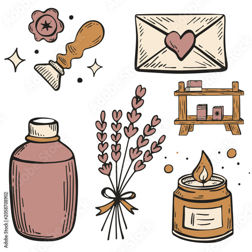 Cozy Lifestyle Hand Drawn Vector Elements Set with Candle Lavender and Envelope
