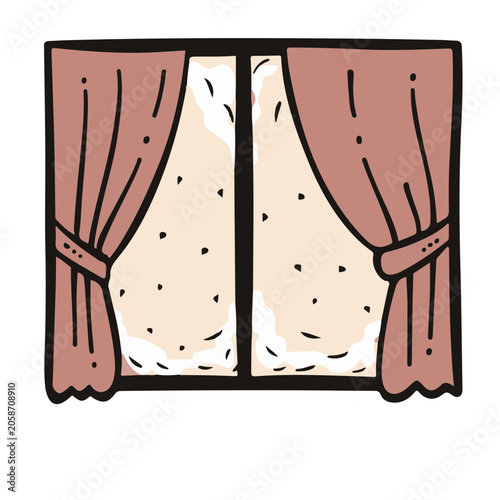 Cozy Window with Curtains Hand Drawn Vector Illustration, Hygge Home Decor Element