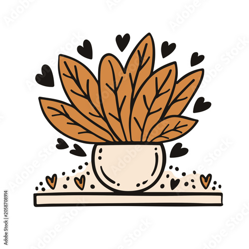 Cozy Autumn Houseplant in Pot Hand Drawn Vector Illustration, Hygge Decor Element