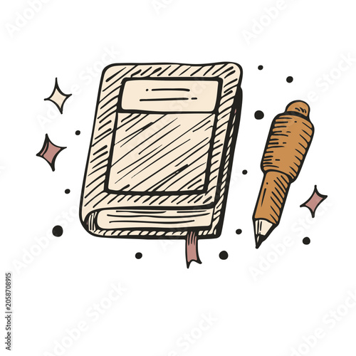 Cozy Notebook and Pen Hand Drawn Vector Illustration, Hygge Journaling Clipart
