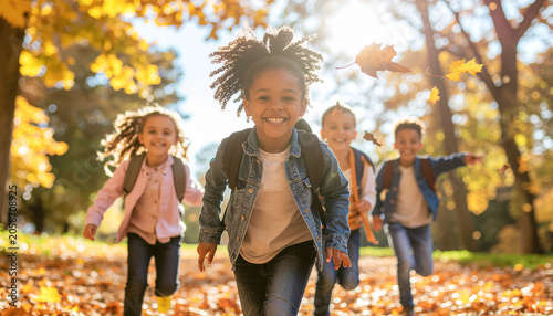 Little African American Schoolchildren Running in Autumn Park on Sunny Day Web Banner.