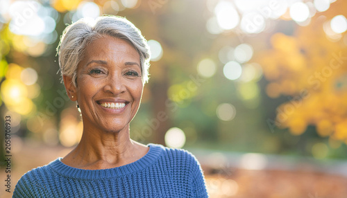 Smiling Senior Grey Haired Woman in Blue Jumper in Autumn Garden Web Banner.