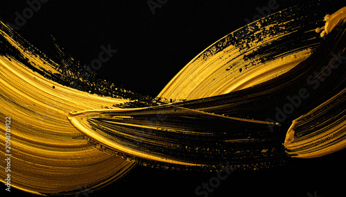 Curved Gold Paint Brush Strokes on Black Background Web Banner.