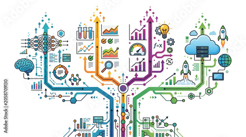 Abstract network of data streams and growth charts showing progress and innovation