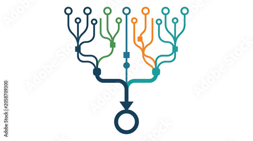 Abstract branching network diagram with central downward arrow indicating convergence in a clean modern style