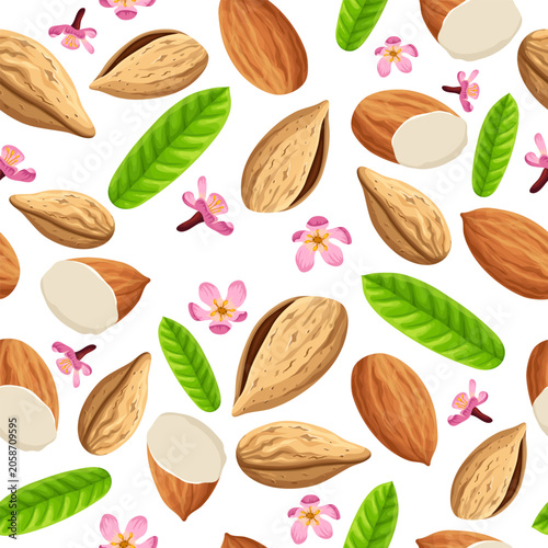 Seamless background with almond, nuts. Vector illustration with seeds for textiles, prints, paper, notebooks, books, brochures, templates for diaries, copybook.