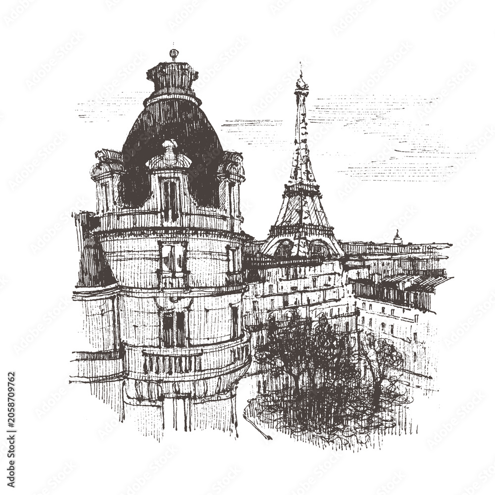 Obraz premium Architecture sketch draw graphic illustration black and white, Drawing urban landscape black and white graphics Paris, Liner sketches architecture of France Paris