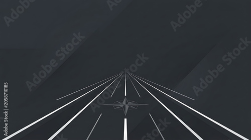 *Title*: Minimalist Dark Road With Converging White Lines And Compass Rose Symbol For Direction And Guidance

*Keywords*: direction, compass, navigation, path, guidance, future, perspective, minimal, 