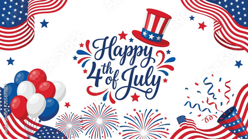 Celebratory 4th of july independence day greeting with patriotic balloons fireworks and festive decorations