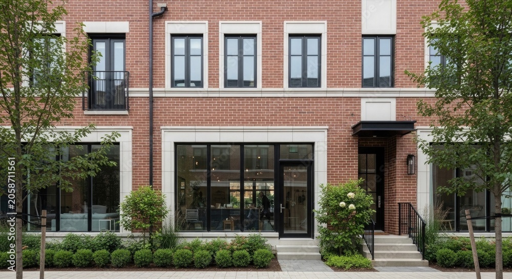 Naklejka premium Modern townhouse exterior with landscaping and black framed windows on a residential street
