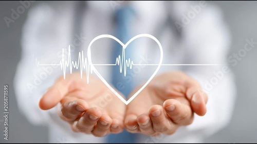 Doctor's hands holding a heart with a cardiogram, symbolizing care and health