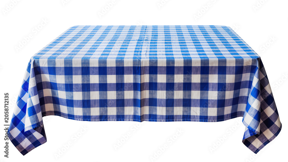 Fototapeta premium Blue and white checkered tablecloth draped over a table, isolated on transparent background