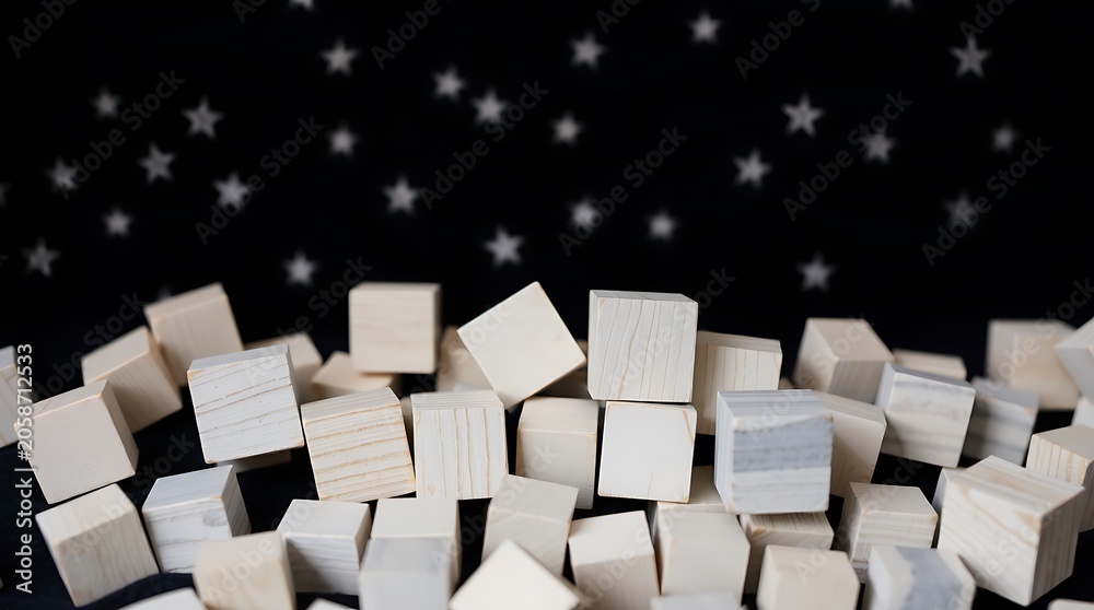 Fototapeta premium pile of unfinished wooden cubes against a starry background