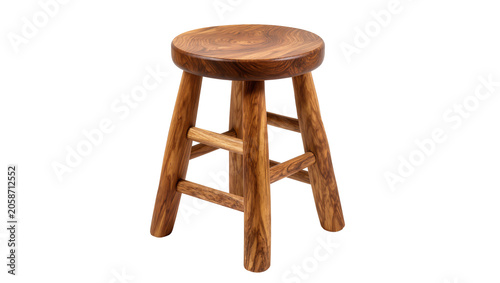 Obraz na plátně Rustic wooden stool with three legs and crossbars, isolated on transparent backg