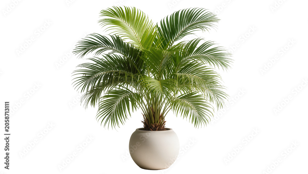 Fototapeta premium Lush green palm tree in a round white pot, isolated on transparent background