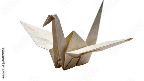 Fotografía Delicate beige origami crane bird folded paper art, isolated on transparent back