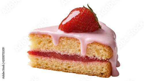 Fotografía Delicious strawberry cake slice with pink frosting and fresh berry, isolated on