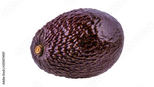 Photography Dark purple Hass avocado with textured skin and stem remnant