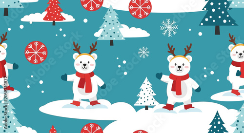 Cute polar bear cartoon wearing antlers and scarf, winter forest background, seamless pattern