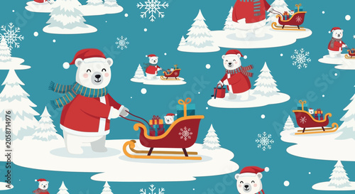 Cute Polar Bear Christmas Pattern: Santa Claus, Sleigh, Snowflakes, Winter Forest