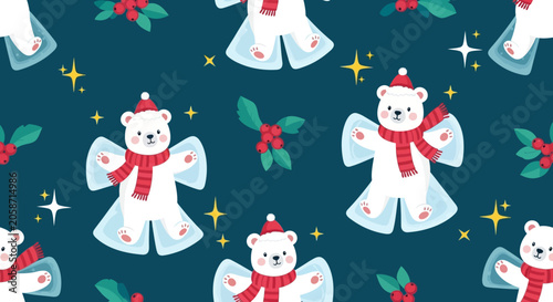 Cute polar bear making snow angels, festive Christmas pattern with holly and stars