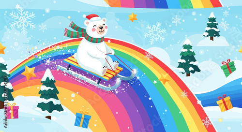 Cute Polar Bear Sledding Down Rainbow in Snowy Winter Wonderland
