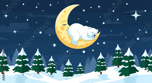 Cute Polar Bear Sleeping on Crescent Moon in Snowy Winter Night Sky