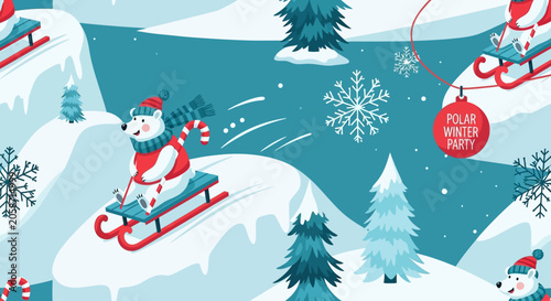 Cute polar bear sledding down snowy hill with snowflakes, winter party theme
