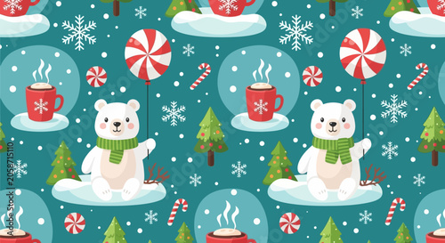 Cute Polar Bears with Hot Chocolate and Candy Canes on Teal Christmas Background