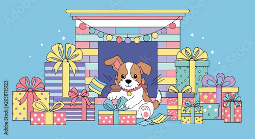 Cute Puppy Surrounded by Colorful Christmas Gifts by a Festive Fireplace