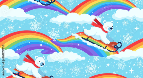 Cute Polar Bears Sledding on Rainbows, Winter Snowflakes, Seamless Pattern