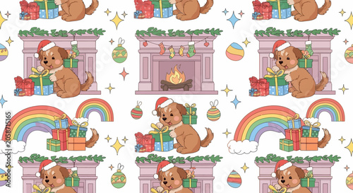 Cute puppy with santa hat, presents and rainbow, festive christmas seamless pattern