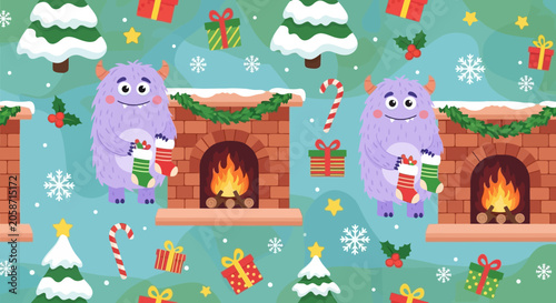 Cute purple monster holding Christmas stockings by fireplace, festive seamless pattern