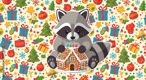 Cute Raccoon Decorating Gingerbread House with Christmas Candies - Festive Holiday Background
