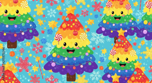 Cute Rainbow Christmas Trees with Snowflakes and Candy, Festive Holiday Pattern