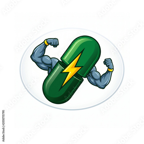 Power Pill: A stylized green pill with a lightning bolt graphic, embraced by muscular arms flexing, symbolizes strength and potent energy.