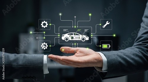 A businessman presents a digital car with interconnected service and battery icons, showcasing smart vehicle technology, automotive industry, iot management, future modern technology business concept