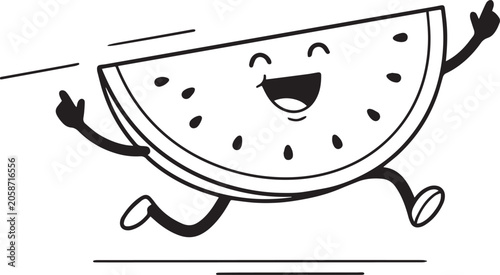 A happy cartoon watermelon slice character running with a smile